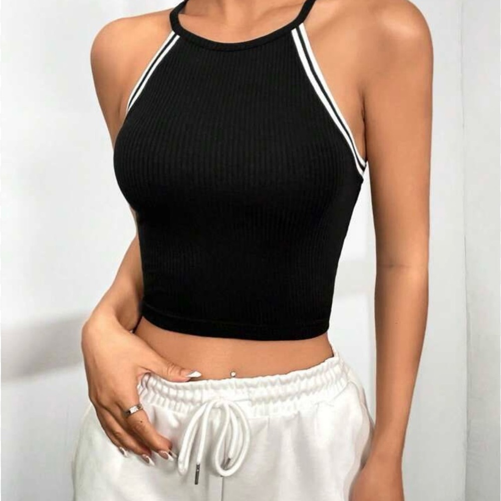 Black Ribbed Halter Crop Top